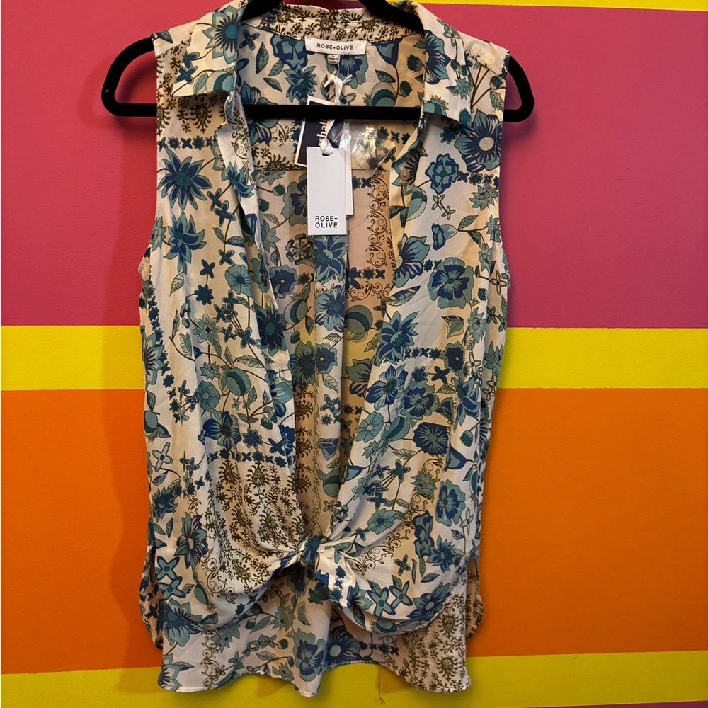 Rose & Olive Blue and Green Floral Top